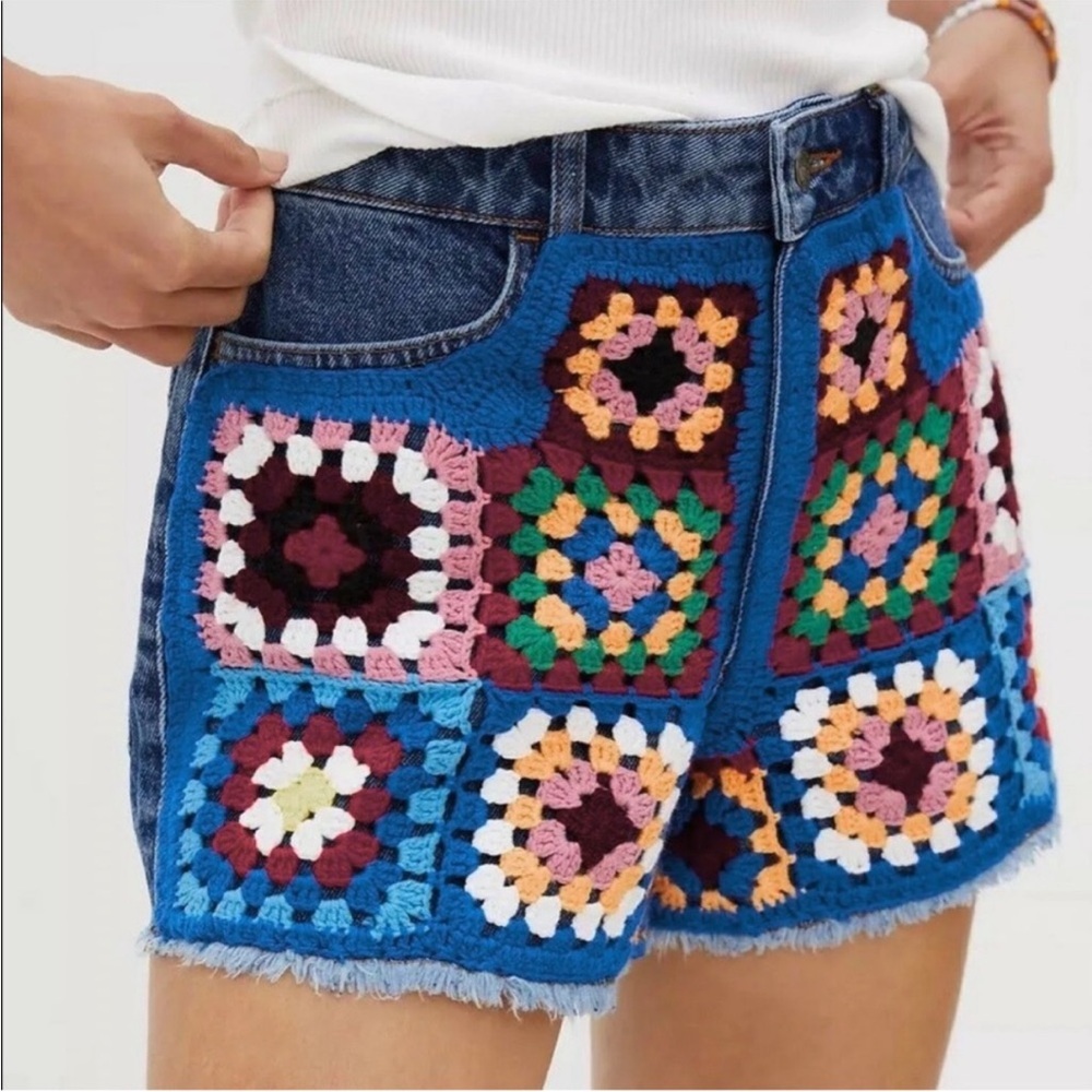 Anthropologie Farmrio Crochet Patchwork Denim Shorts